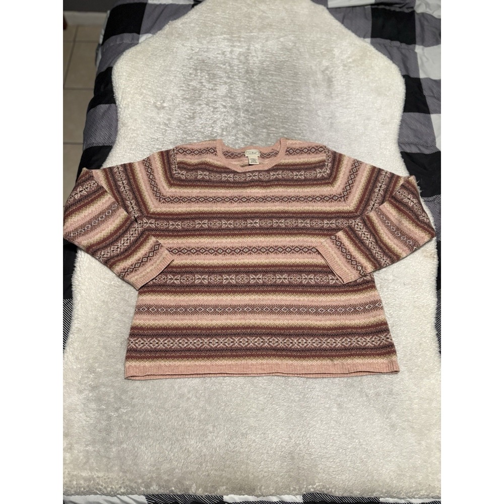 LL Bean Women's Pink Fair Isle Crowneck Wool Sweater Size XL